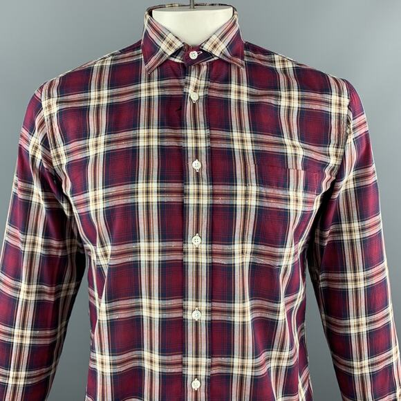 HARTFORD Size L Burgundy Brown Plaid Cotton Button Up Long Sleeve Shirt - Picture 2 of 6